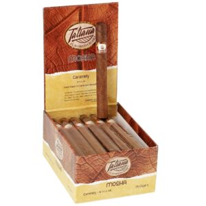 Tatiana Mocha Caramely flavored cigars 6x44 box of 25 hand-rolled cigars from Dominican Republic with brown leather texture packaging and individual cigar di…