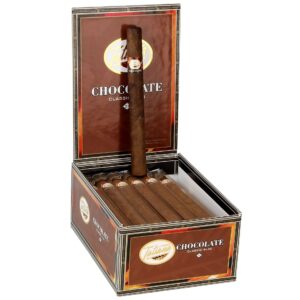 Tatiana Chocolate Classic Corona cigars in open display box showing brown wrapped cigars with gold band logo