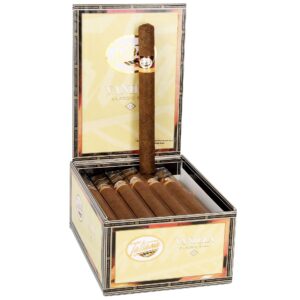 Tatiana Vanilla Classic Corona cigars 6x44 open box displaying brown cigars with gold band labels and cream-colored packaging