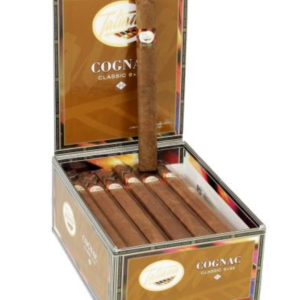 Tatiana Cognac Classic Corona cigars open box displaying brown cigars with gold and cream label design
