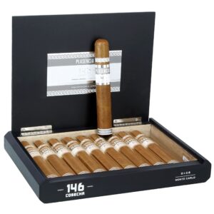 Plasencia Cosecha 146 Monte Carlo Gordo cigars in open black box with individual cigar displayed above