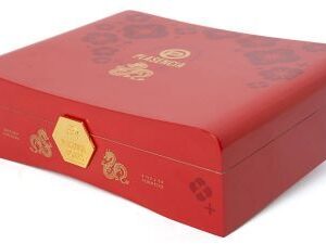 Red luxury cigar box with gold decorative elements and hexagonal accent, Detra Habano 10ct packaging