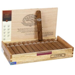 Padron Series 2000 Natural cigars in open wooden box with one cigar displayed and pricing label visible.