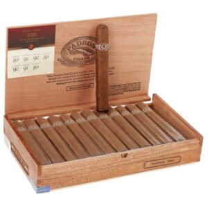 Padron Series 3000 Maduro cigars in open wooden box with individual cigars displayed and product information label visible