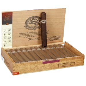 Padron Series 2000 Maduro cigars in open wooden box with one cigar displayed and pricing label visible