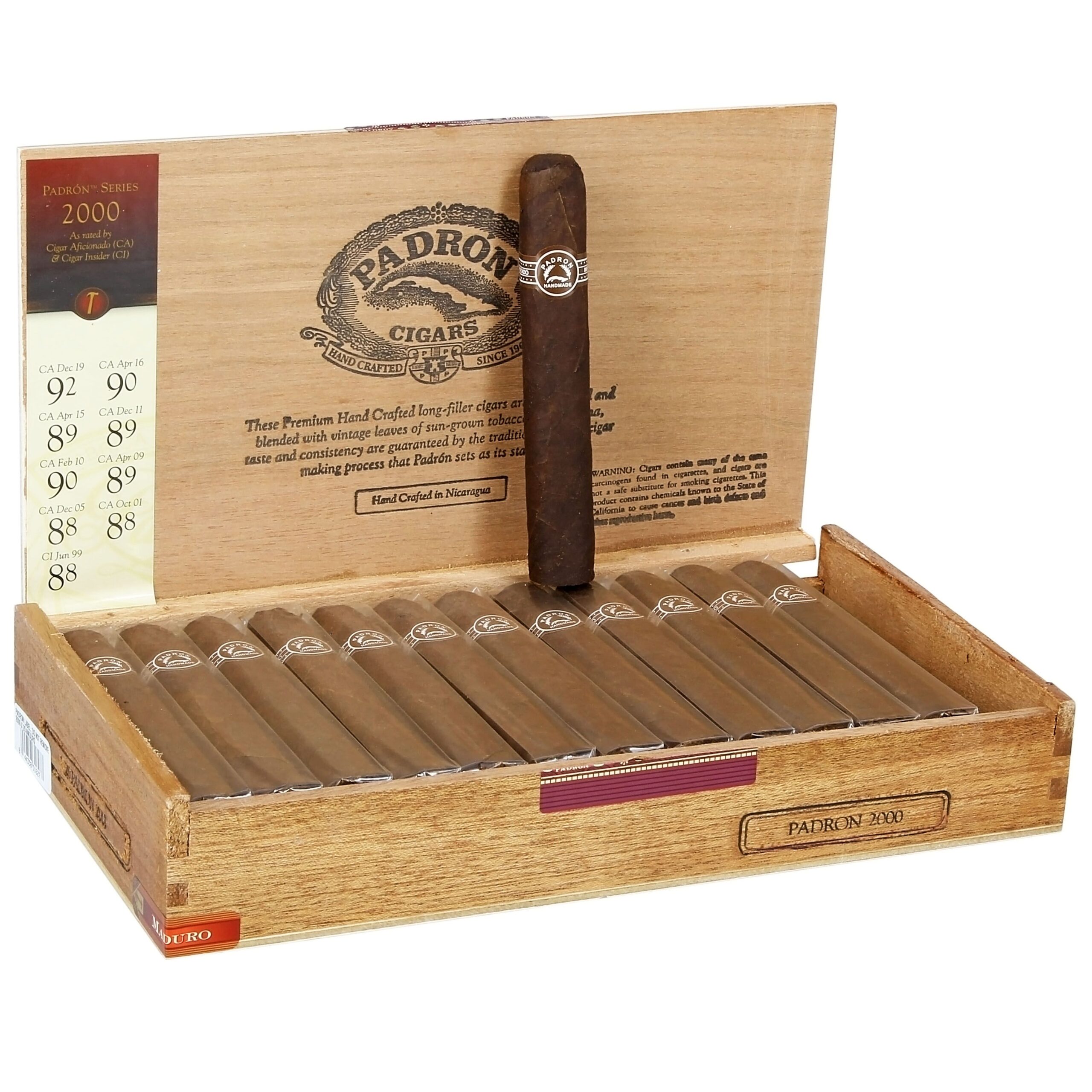 Padron Series 2000 Maduro cigars in open wooden box with one cigar displayed and pricing label visible