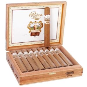 Open wooden cigar box displaying Padron Damaso No 15 cigars with gold band labels and one cigar standing upright.