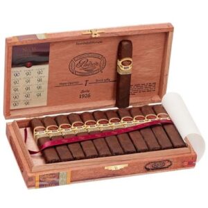 Padron 1926 Serie No. 35 Maduro cigars in open wooden box displaying individual cigars with gold bands and burgundy accents