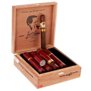 Padron 1926 Serie No. 90 Tubo Maduro cigars displayed in open wooden box with portrait lid and four dark cigars with gold bands