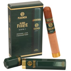 Plasencia Alma Fuerte Sixto I cigars in green hexagon box with individual cigar and tube displayed, 6x60 format