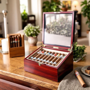 Open red wooden cigar humidor box displaying premium cigars on a desk with plants and accessories.