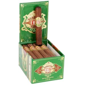 Open box of My Father Tabacos Baez Serie SF Robusto cigars with green packaging and gold accents, displaying brown hand-rolled cigars with branded bands.