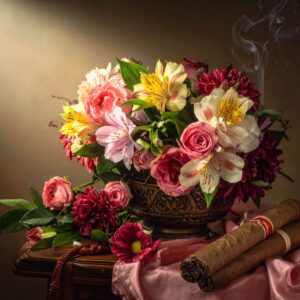 Luxurious floral arrangement with pink roses, red dahlias, and yellow alstroemeria in ornate vase beside cigars and pink silk fabric, adding a touch of elega…