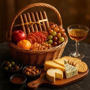 Gourmet charcuterie basket with cured meats, fresh fruits, artisanal cheeses, crackers, olives, nuts, and wine glass on dark surface.