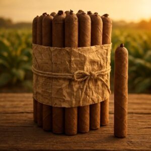 Bundle of premium cigars wrapped in kraft paper with twine, displayed on wooden surface with tobacco field background.