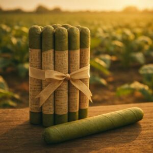 Bundle of five vibrant green binder cigars tied with tan ribbon on wooden surface, tobacco field blurred in background.