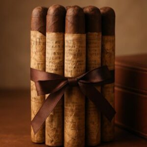 Five premium cigars with cork-textured bands tied together with a brown ribbon bow on a wooden surface.
