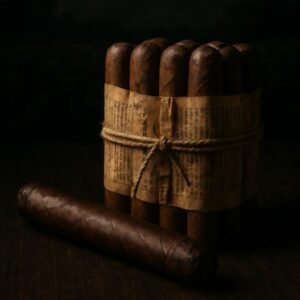 Bundle of Maduro Pigtail cigars wrapped in newspaper with twine, displayed against dark background with one cigar in front.