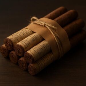Bundle of aged Dominican cigars tied with twine, displaying rich brown wrappers and textured labels on dark surface