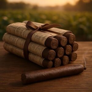 Bundle of newspaper-wrapped Maduro Pigtail cigars tied with brown ribbon on wooden surface with tobacco field backdrop