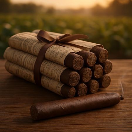 Bundle of newspaper-wrapped Maduro Pigtail cigars tied with brown ribbon on wooden surface with tobacco field backdrop