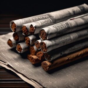 Premium Maduro Pigtail cigars with newspaper wrapping arranged on wooden surface, showcasing tobacco leaf details and craftsmanship.