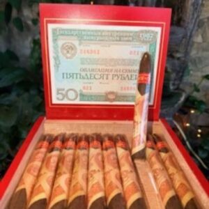 Red cigar box with Soviet currency design containing premium cigars arranged in rows, Money-to-Burn brand display.