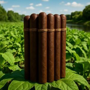 Six premium brown cigars with bands arranged in a row on green tobacco leaves with a scenic river landscape background.